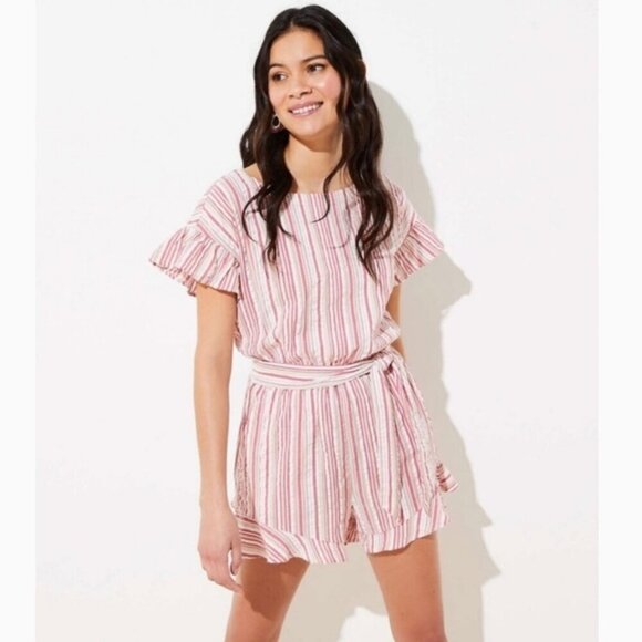 Loft Candy Striped Pink Ruffle Short Romper Size Large - Picture 1 of 10
